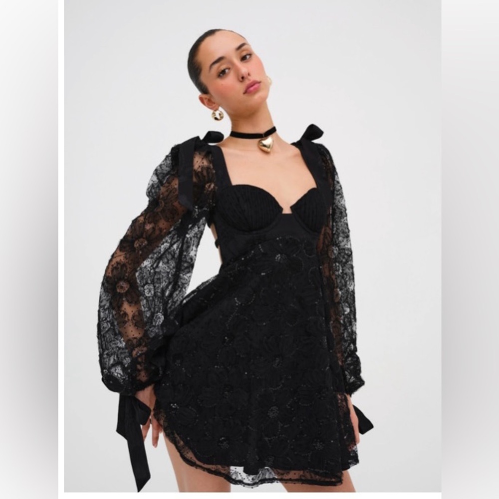 For Love And Lemons Kiersten Mini Dress Puff Lace Long Sleeve Black